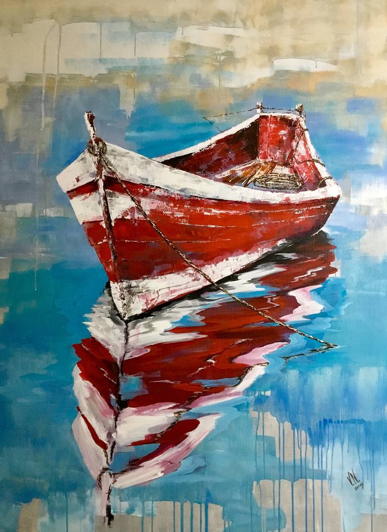 Old red boat. Painting by Volodymyr Nezdiimynoha | Saatchi Art