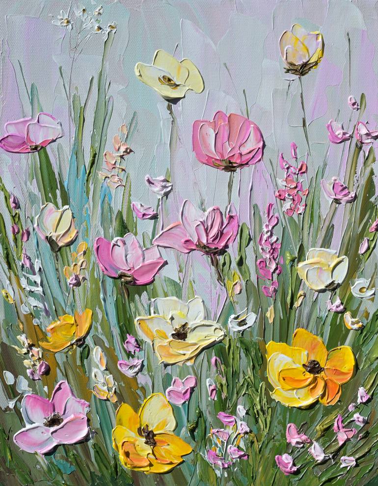 Pink Haze - Impasto Flower Field Painting Painting by Olga Tkachyk