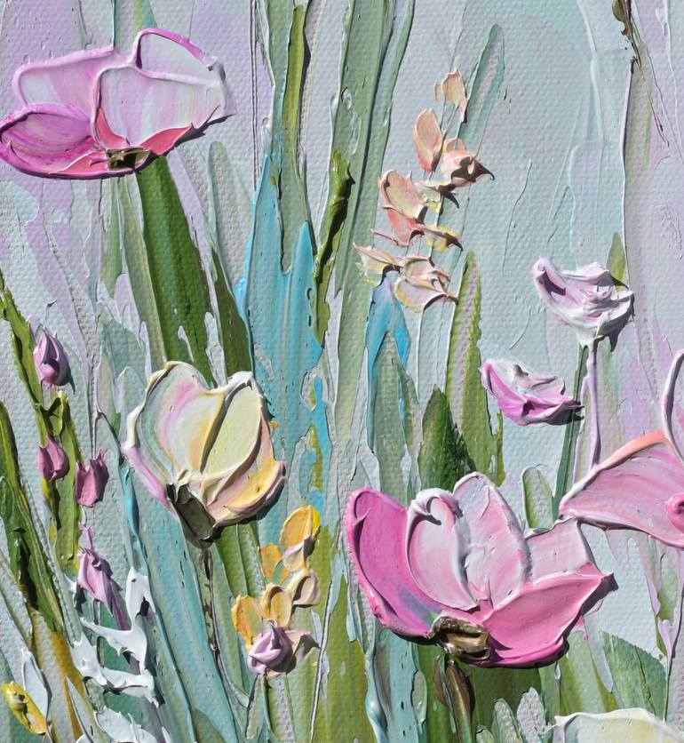 Pink Haze - Impasto Flower Field Painting Painting by Olga Tkachyk