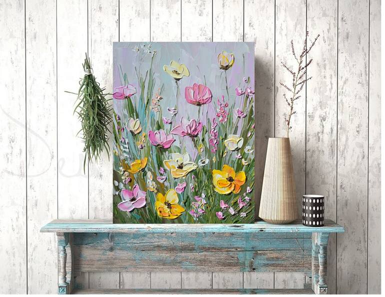 Pink Haze - Impasto Flower Field Painting Painting by Olga Tkachyk