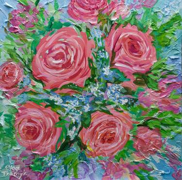 Pink Roses - Impressionist Floral Painting, Textured Wall Art thumb