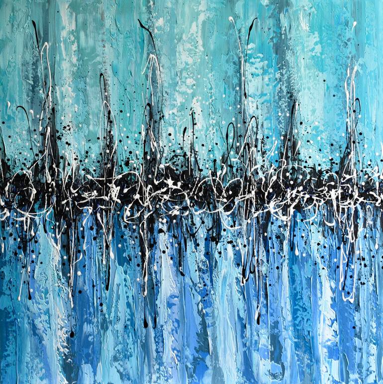 Aqua Blue Horizon - Abstract acrylic painting on canvas, palette knife art  Painting by Olga Tkachyk