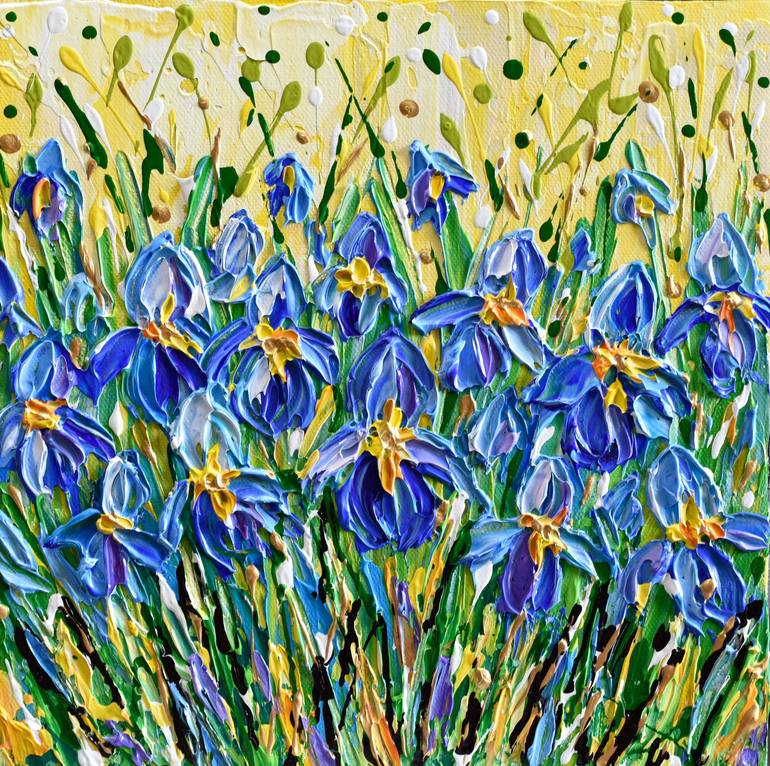 Blue flowers abstract small painting, 2024 10x10 on canvas