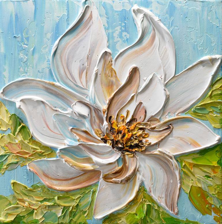 Magnolia II - Original Floral Painting on Canvas, Palette Knife Painting by  Olga Tkachyk