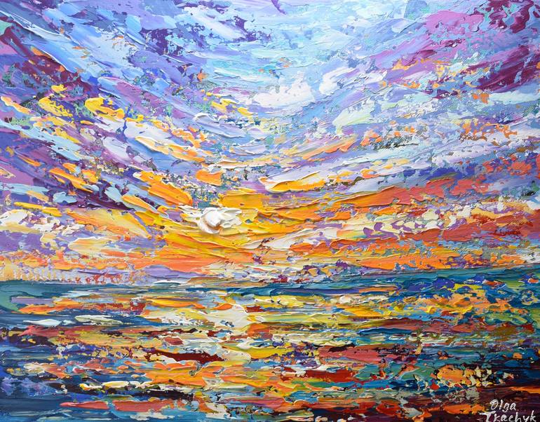 Lavender Sky - Colorful Sunset Painting, Impressionism Seascape