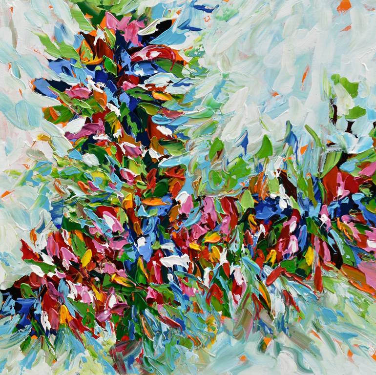 Flower Burst II - Original Floral Abstract Painting, Colorful Textured  Palette Knife Artwork