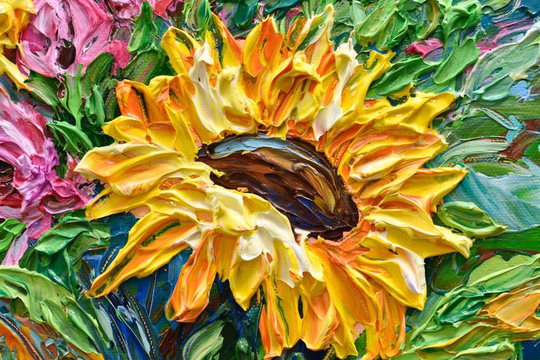 Sunflower painting canvas bouquet art impasto - Inspire Uplift