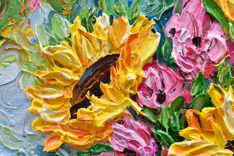 Sunflower painting canvas bouquet art impasto - Inspire Uplift