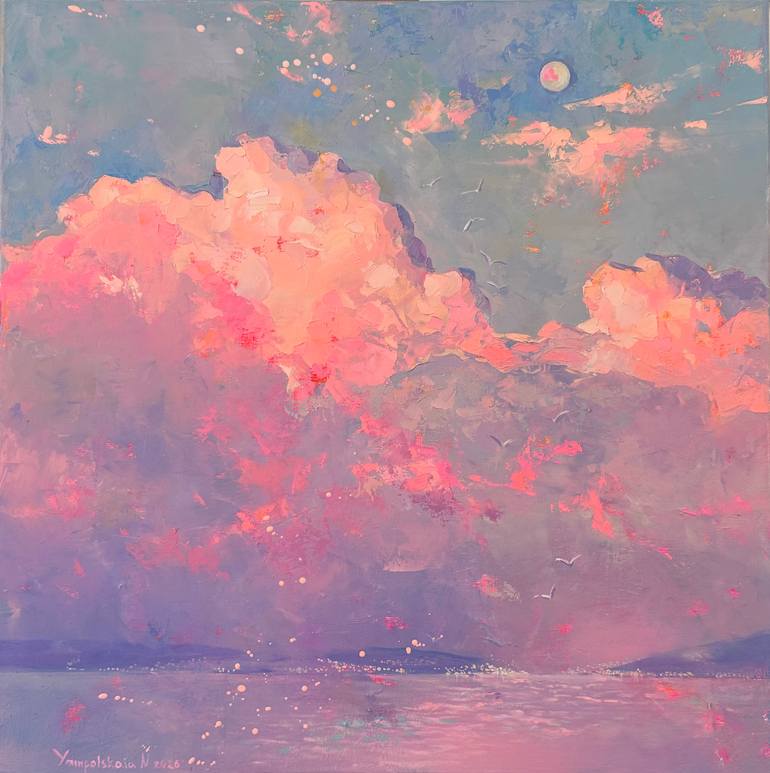 Original Seascape Painting by Natalia Yampolskaia | Abstract Art on Canvas | Pink Clouds of the Sicilian Sunset