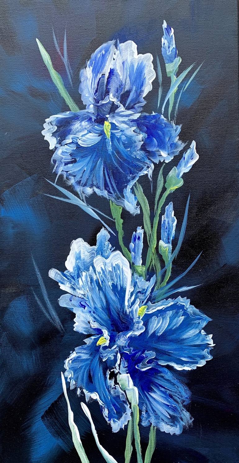 2 Blue Irises original acrylic painting on canvas, 24 x 12 Painting by ...