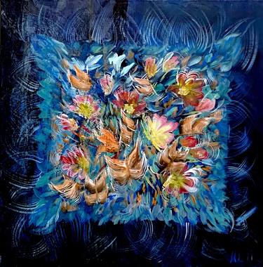 Black square floral Square abstract original acrylic painting on canvas 24 x 24 thumb