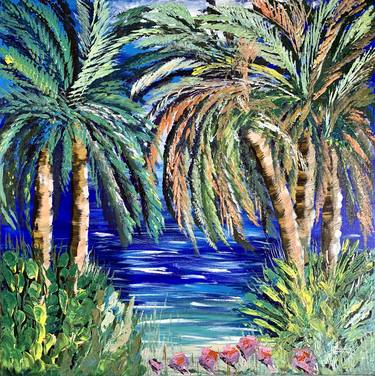 Florida beach seascape with palm trees. thumb