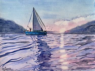 Sunset boat watercolor painting thumb