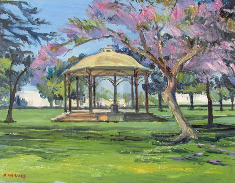 Original Architecture Painting by Robert Gerdes | Impressionism Art on Canvas | Gazebo And Jacarands Coronado