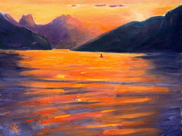 Sunset Walensee orange plein air  oil thumb