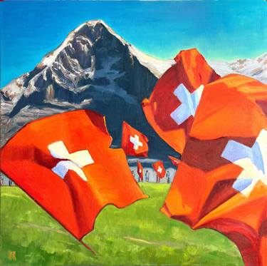 1 August in the Swiss mountains. Oil painting thumb