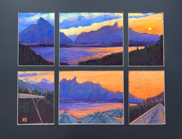 Original Landscape Painting by Victoria Rechsteiner | Illustration Art on Paper | The sunset over the lake Thun soft pastel framed& museum glass