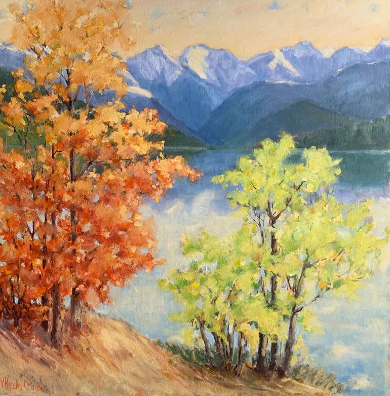 Autumn mountain lake Sihlsee oil on canvas Painting by Victoria ...