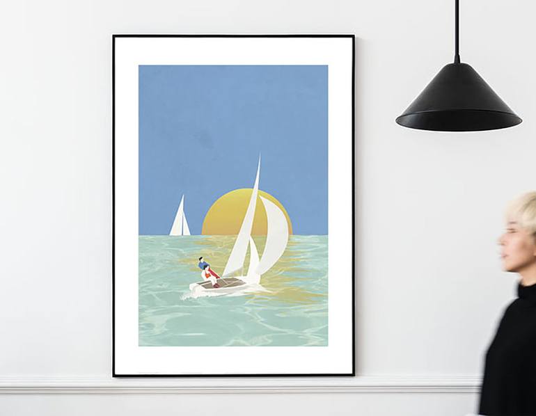 Original Figurative Sailboat Digital by Layla Oz Art Studio