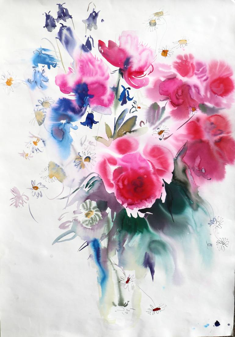 Original Floral Painting by Elena Starostina | Impressionism Art on Paper | Bouquet of summer flowers