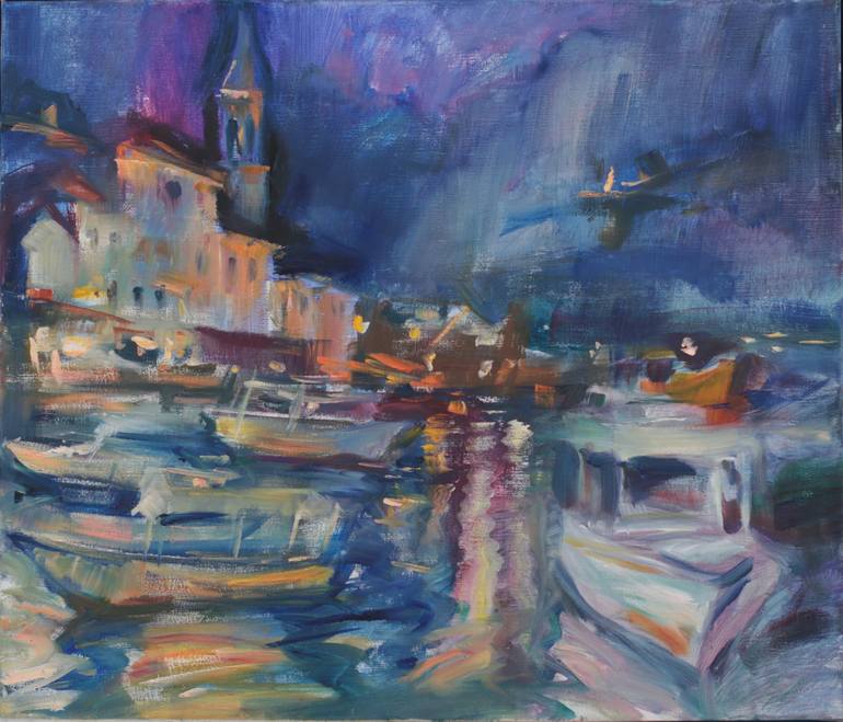 Original Boat Painting by Elena Starostina | Impressionism Art on Canvas | Boats in the night