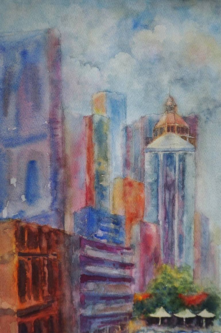 Original Abstract Expressionism Cities Painting by Soma Pradhan