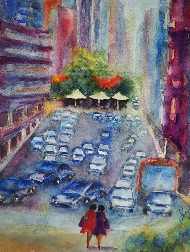 Original Abstract Expressionism Cities Painting by Soma Pradhan