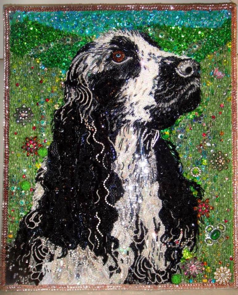 Original Animal Collage by Sofia Goldberg | Realism Art on Canvas | American Cocker Spaniel. Dog portrait. Beadwork with rhinestones