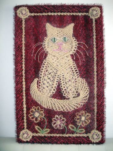 Cat and flowers. Macrame art thumb