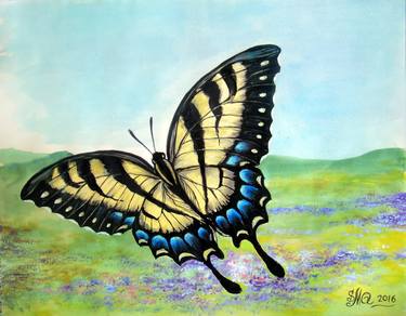 Swallowtail butterfly and field of flowers thumb