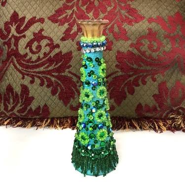 Green vase, abstract beadwork and rhinrstones. Handwork thumb