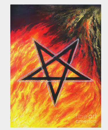 Satanic Pentagram & fire. Original painting on canvas thumb