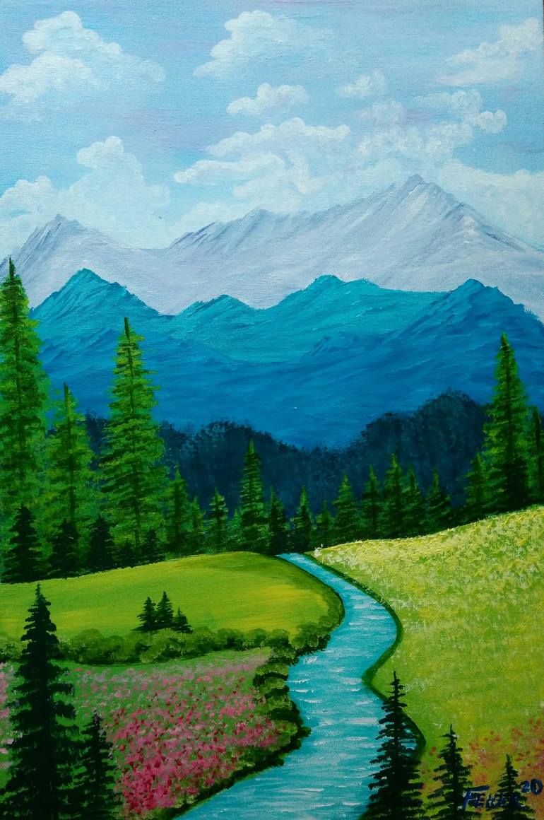 river and mountain painting