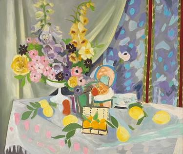 Original matisse, still life, table scape, flowers, abundant Floral Painting by Jessica Niello- White