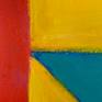 This is a diptych comprised of two individual paintings that can be displayed as shown side-by-side or hung separately. Highly textured canvas-on-canvas collage of Tuscany sunflower yellow, turquoise with ultramarine undertones, and vermilion with coral undertone. Clean edges, needs no frame. Painting signed and dated on back of canvas.