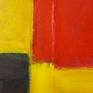 This is a diptych comprised of two individual paintings that can be displayed as shown side-by-side or hung separately. Highly textured canvas-on-canvas collage of Tuscany sunflower yellow, turquoise with ultramarine undertones, and vermilion with coral undertone. Clean edges, needs no frame. Painting signed and dated on back of canvas.