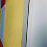 Elegant composition of coral orange, lemon yellow, and silver gray. Soft edge geometric painting style. Canvas has clean edges requiring no frame. Signed and dated on back of canvas.