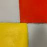 Elegant composition of coral orange, lemon yellow, and silver gray. Soft edge geometric painting style. Canvas has clean edges requiring no frame. Signed and dated on back of canvas.