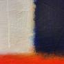 Calming, but imposing diptych of deep navy blue, cadet red, and a creamy beige. Left and right panels may be exhibited as shown or separated as complimentary pieces.  Soft edge painting style on a gesso textured canvas. Clean edges (requires no frame).  Signed and dated on the back.