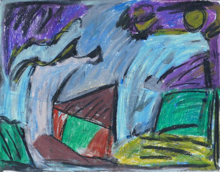 Original Landscape Painting by Karl-karol Chrobok | Expressionism Art on Paper | Night, thunderstroms and rain over the house