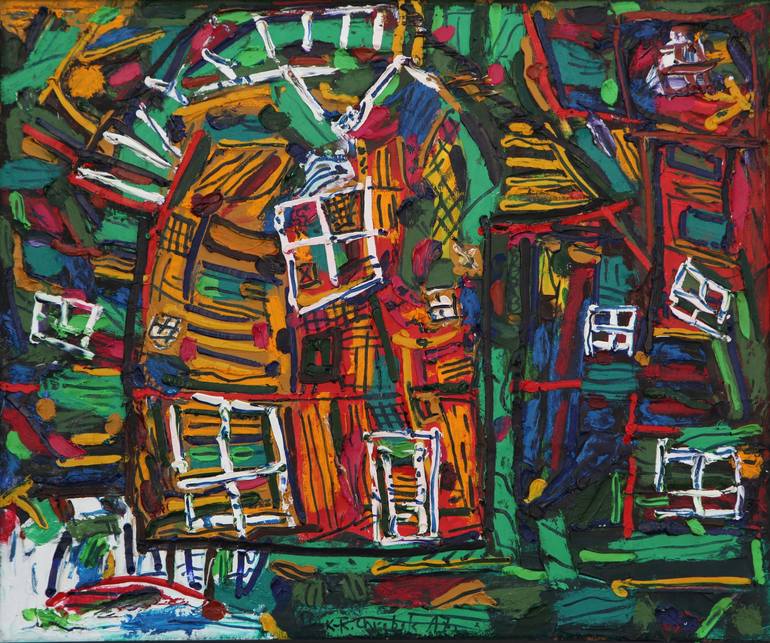 Original Abstract Painting by Karl-karol Chrobok | Abstract Art on Other | Nightly composition with the house