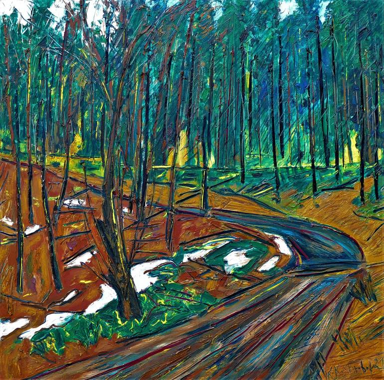 Original Landscape Painting by Karl-karol Chrobok | Expressionism Art on Canvas | Way to the early spring forest