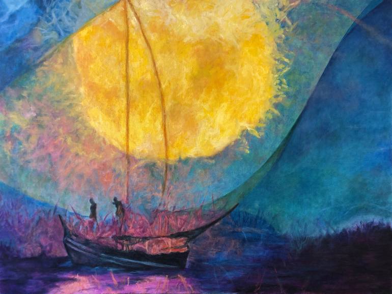 Original Landscape Painting by David Derr | Abstract Art on Canvas | Felucca Sunset - The Crossing