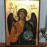 Archangel Michael, 17.5 x 24 x 2 cm, board, gesso,
oil paints and acrylic, metal-gold leaf slag, copy Orthodox icons in the old canon.
varnished, specially aged, small cracks made. Waxed