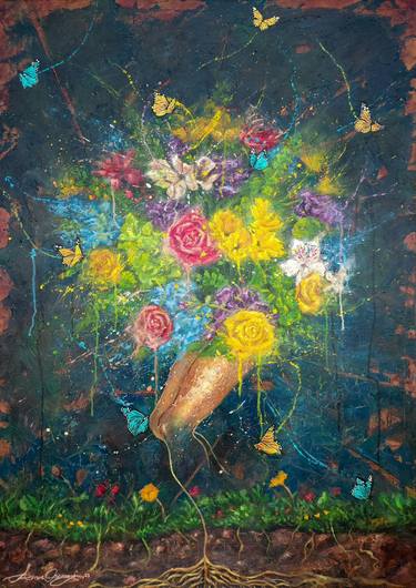 Original Post-impressionism Floral Painting by Amos Osemwengie