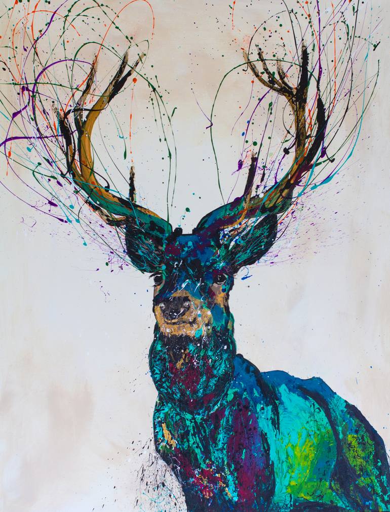 Colorful Splashing Deer Painting by Rachel Mitchell | Saatchi Art