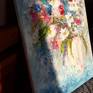 Work is an emotion. Generous brush strokes of oil, blue and turquoise background, juicy summer flowers. The picture is a dream of summer.