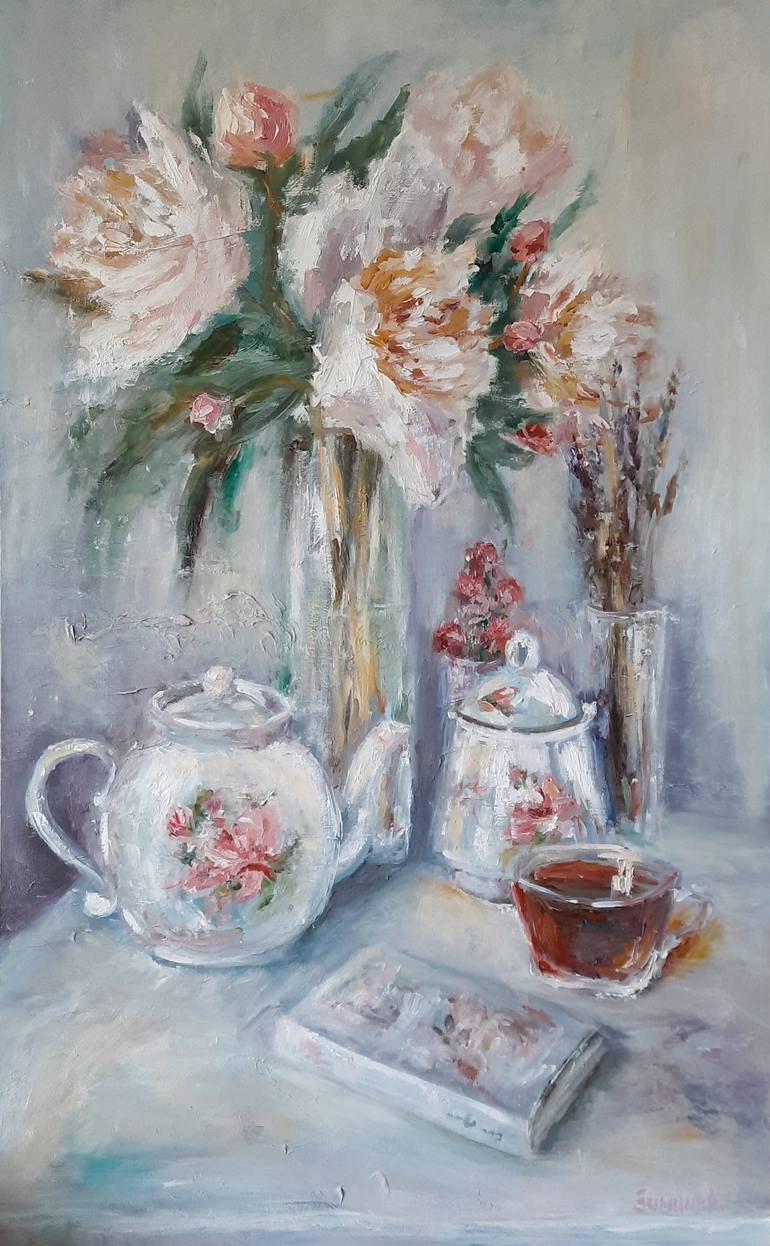 White still life with peonies Painting by Anna Timina | Saatchi Art