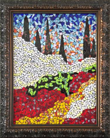 Fine Art Glass Mosaic. Blossom Park. Blue, Yellow, Green and Red. thumb