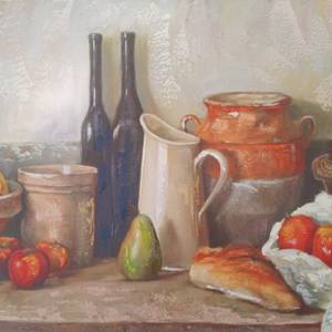 Still life - fruits, bottles and bread acrylic print painting